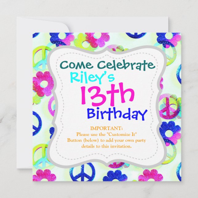 Groovy Hippie Peace Signs Flower Power Sparkle Pat Invitation (Front)