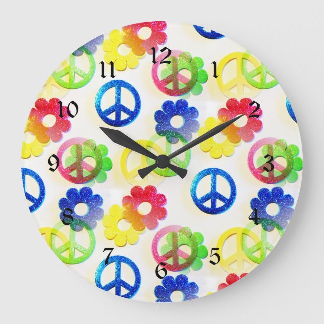 Groovy Hippie Peace Signs Flower Power Sparkles Large Clock (Front)