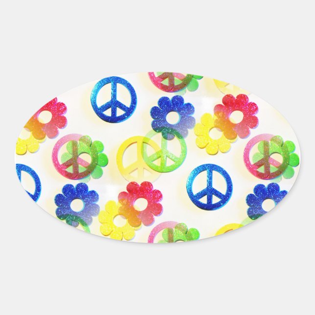 Groovy Hippie Peace Signs Flower Power Sparkles Oval Sticker (Front)
