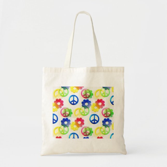 Groovy Hippie Peace Signs Flower Power Sparkles Tote Bag (Front)