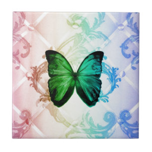 Groovy Hippie rainbow boho teal green butterfly Tile