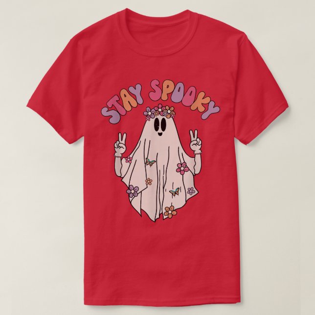 Groovy Hippie Stay Spooky Vibes Retro Floral Ghost T-Shirt (Design Front)