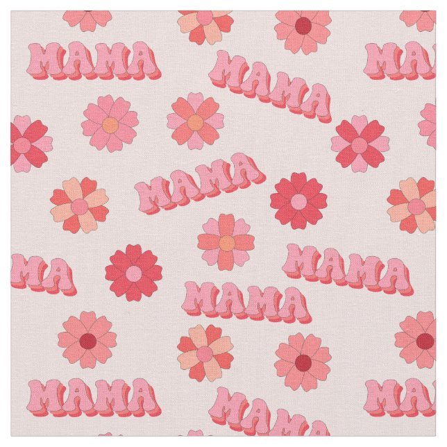 Groovy Hippy Mama Pink Text Word & Flowers Fabric (Close Up)