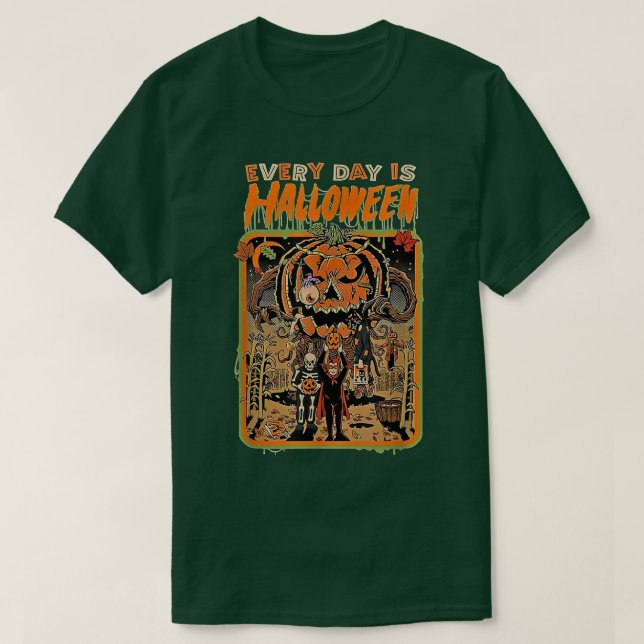 Groovy Horror Giant Pumpkin Monster Chasing Spooky T-Shirt (Design Front)