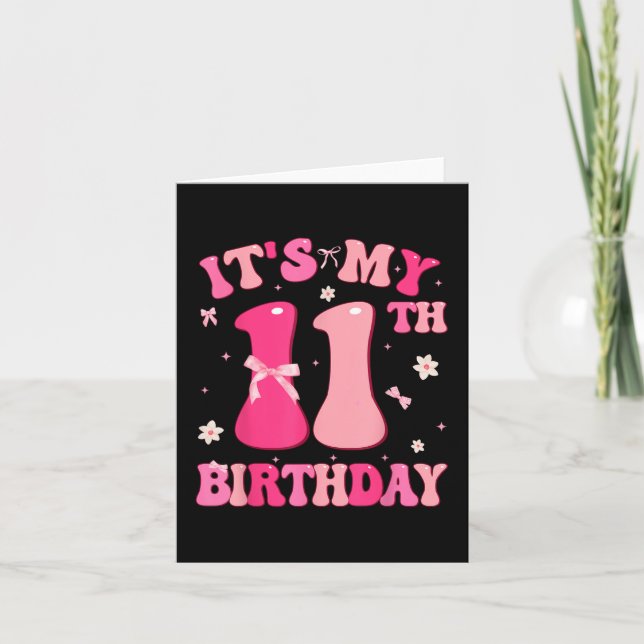 Groovy It's My 11th Birthday Cute Coquette Bow Card (Front)