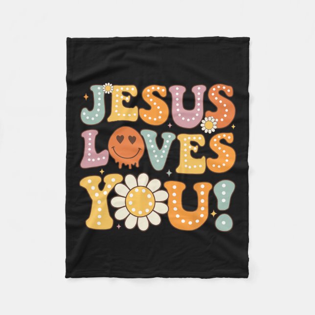 Groovy Jesus Loves You Kids Women Religious Faith  Fleece Blanket (Front)