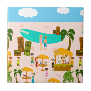 Groovy Jet Set Pool Party Retro Art Cartoon Tile