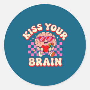 Groovy Kiss Your Brain Retro Valentines Day Teache Classic Round Sticker