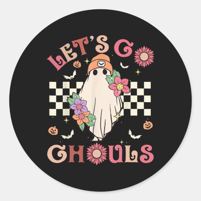 Groovy Let's Go Ghouls Halloween Ghost Outfit For  Classic Round Sticker (Front)