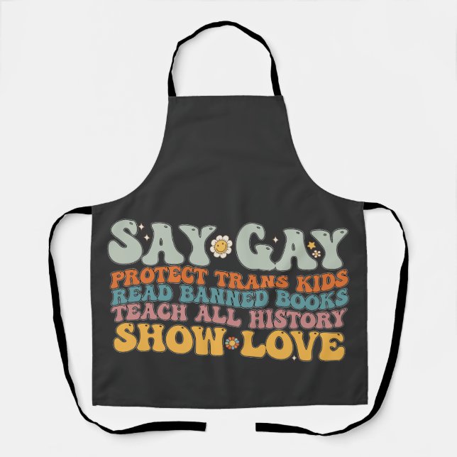 Groovy LGBT Say Gay Protect Trans Kids Read Books Apron (Front)