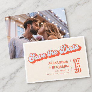 Groovy Light Blue Orange Wedding Retro Typography Save The Date