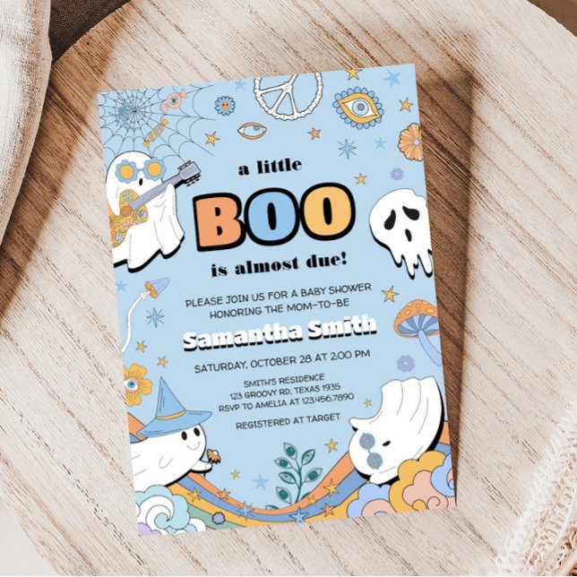 Groovy Little Boo Halloween Baby Shower  Invitation (Spooky Boy Ghost Baby Shower Invitation)