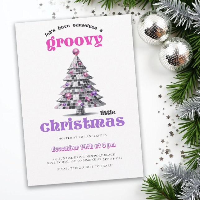 Groovy Little Christmas Disco Ball Christmas Party Invitation (christmas party invitation corporate business disco tree groovy 70s hot pink black elegant fun)