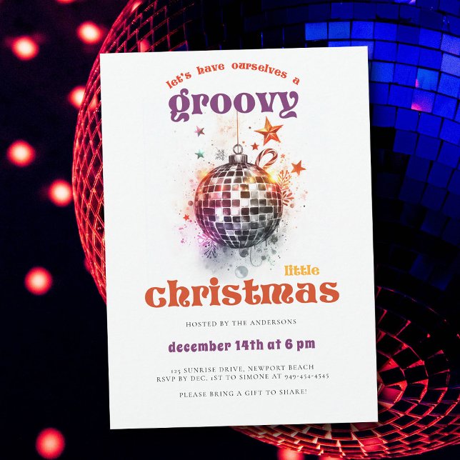 Groovy Little Christmas Disco Ball Christmas Party Invitation (groovy little christmas ball bauble hippie 70s nostalgia retro vintage party invitation)