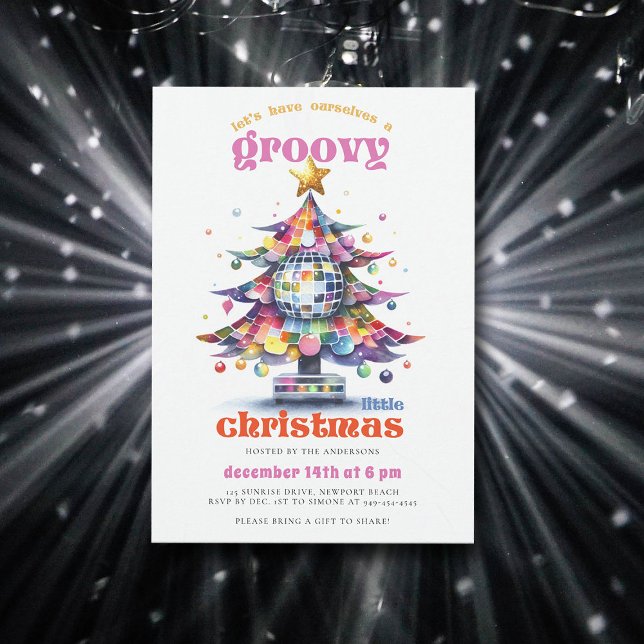 Groovy Little Christmas Disco Tree Christmas Party Invitation (groovy little christmas party disco tree 70s nostalgia retro vintage rainbow merry bright watercolor)