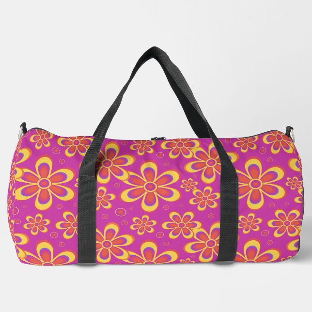 Groovy Magenta Floral Pattern Large Duffle Bag (Front)