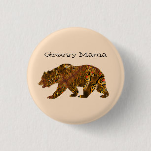 Groovy Mama Bear Fractal Art Silhouette Typography 3 Cm Round Badge
