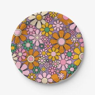 Groovy Maximalist Retro Garden Gingham Flowers Paper Plate