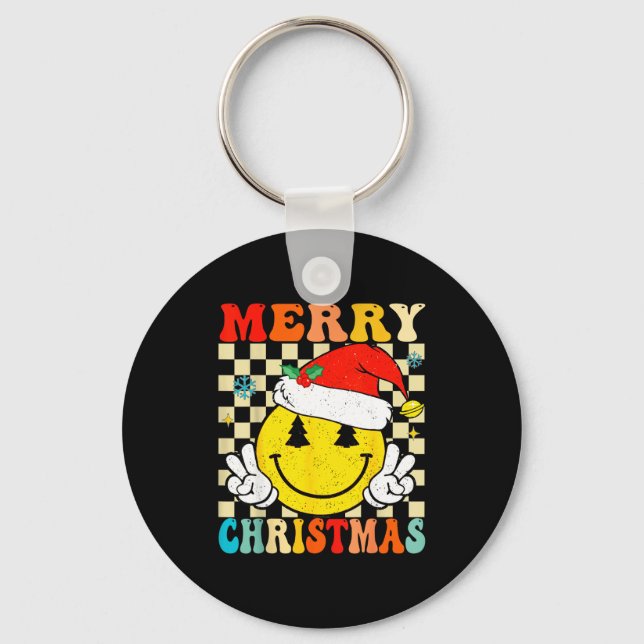 Groovy Merry Christmas Smile Face Santa Hat Xmas T Key Ring (Front)