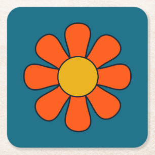 Groovy Minimal Retro Modern Flower Single Square Paper Coaster