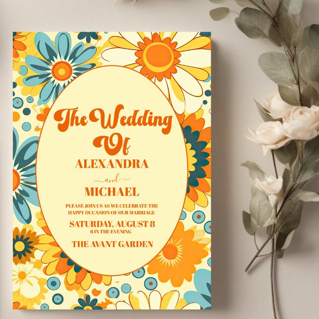 Groovy modern daisy floral yellow & orange wedding invitation (Creator Uploaded)