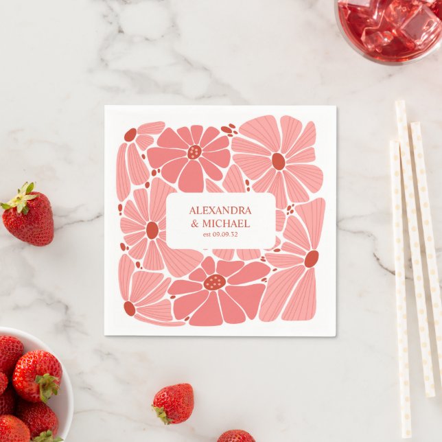 Groovy modern pink daisy wedding napkin (Insitu)