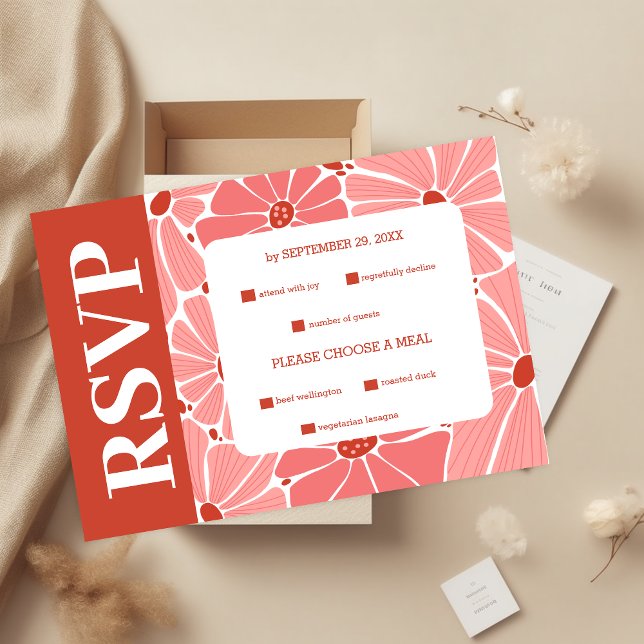 Groovy modern pink daisy wedding RSVP card (Creator Uploaded)