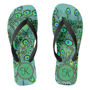 Groovy Monogram Neon Green Peacock Feathers Flip F Jandals