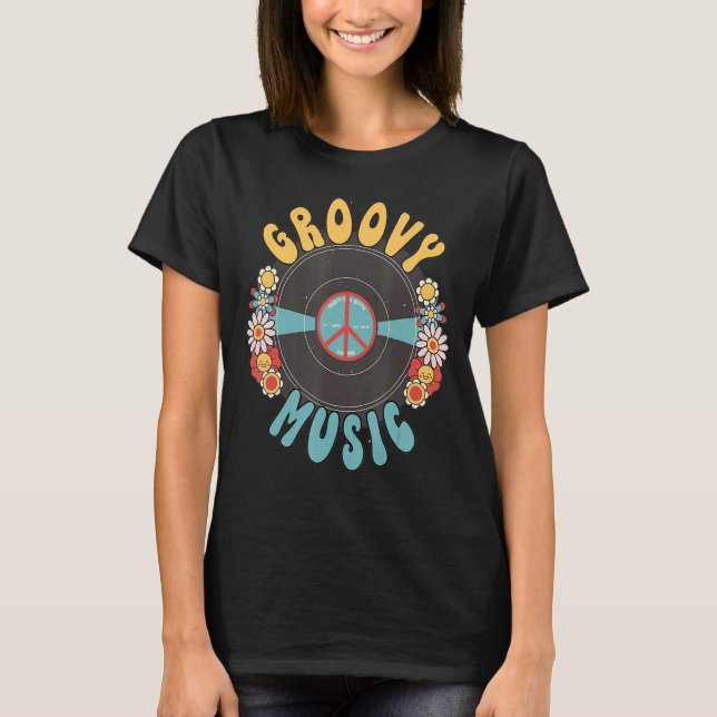 Groovy Music Peace Sign Flowers Girl Women T-Shirt (Front)