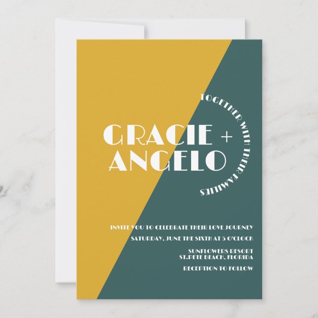 Groovy Mustard Green Two Tones Wedding Invitation (Front)