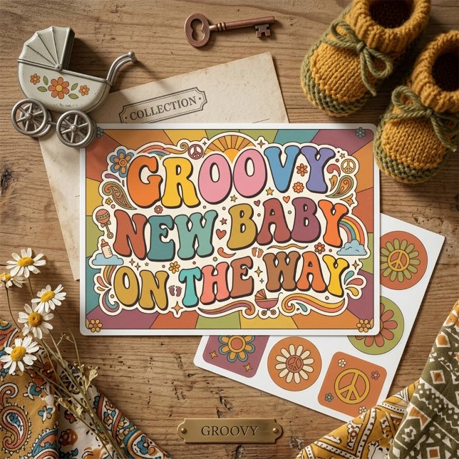 Groovy New Baby on the Way Retro Sunshine  Rectangular Sticker (Creator Uploaded)