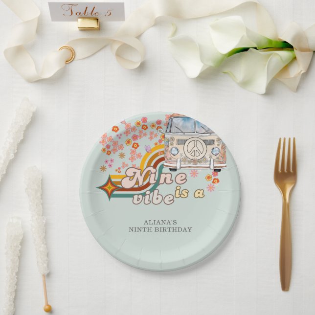 Groovy Nine is a vibe daisy Van  9th birthday  Paper Plate (Wedding)