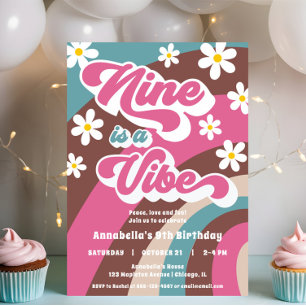 Groovy Nine is a Vibe pink teal girl 9th birthday Invitation