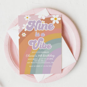 Groovy Nine is a vibe Retro Rainbow 9th Birthday Invitation