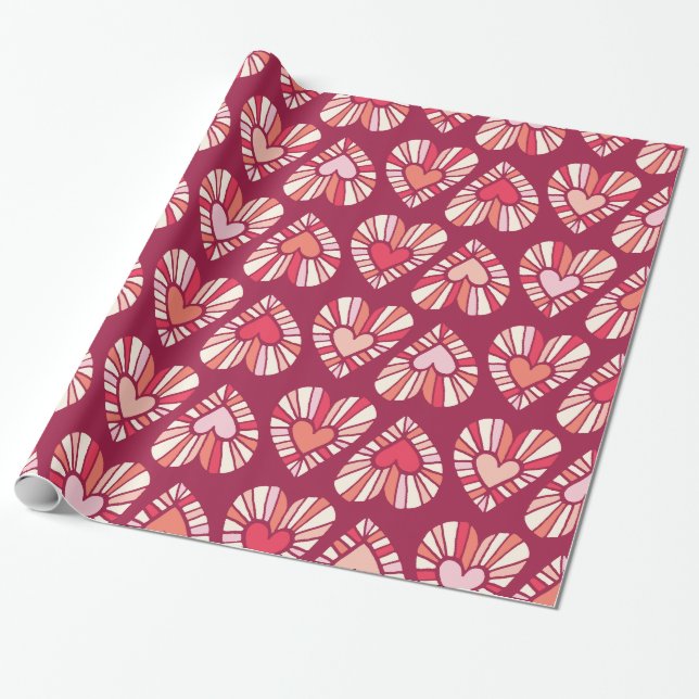 Groovy of the 70's Retro-style Heart Pattern Wrapping Paper (Unrolled)