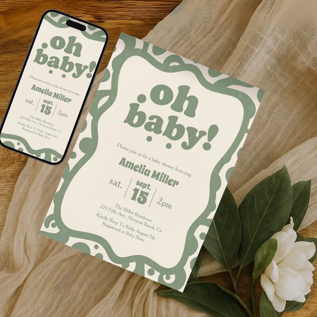Groovy Oh Baby Shower | Retro 70s Sage Green Invitation (Creator Uploaded)