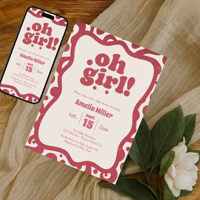 Groovy Oh Girl | Retro Pink 70s baby shower Invitation (Creator Uploaded)