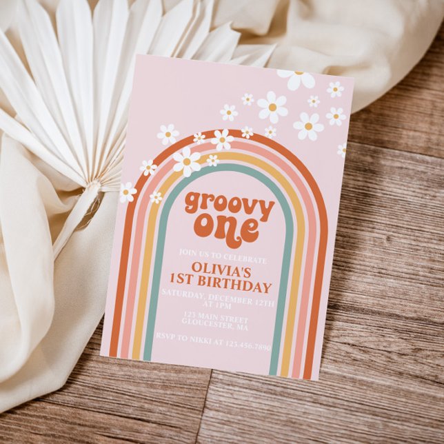 Groovy One boho daisy rainbow first birthday Invitation (Creator Uploaded)