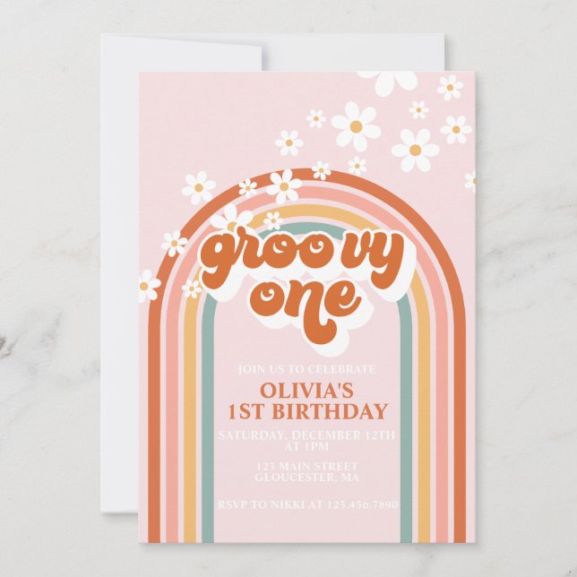 Groovy One boho daisy rainbow first birthday Invitation (Front)