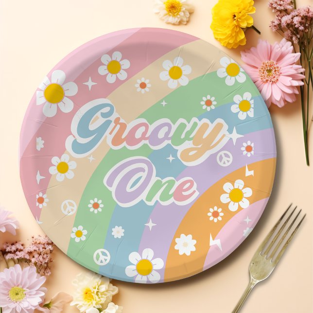 Groovy One Boho Daisy Rainbow  Paper Plate (Creator Uploaded)