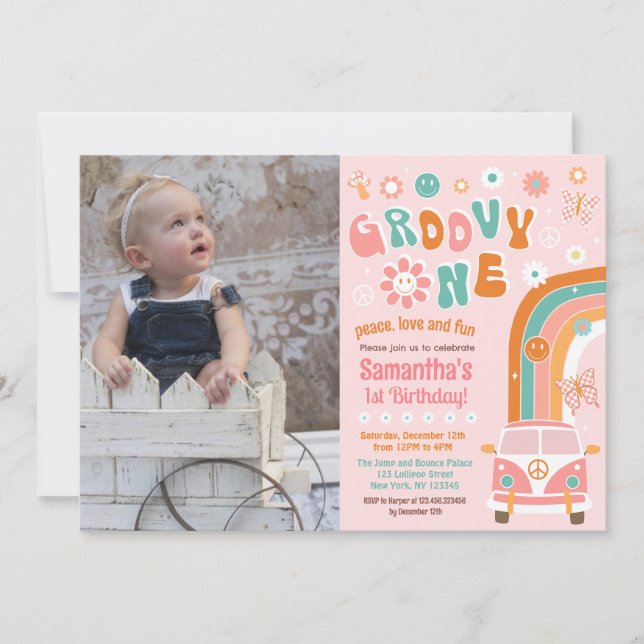 Groovy One Boho Retro 1st Birthday Invitations (Front)