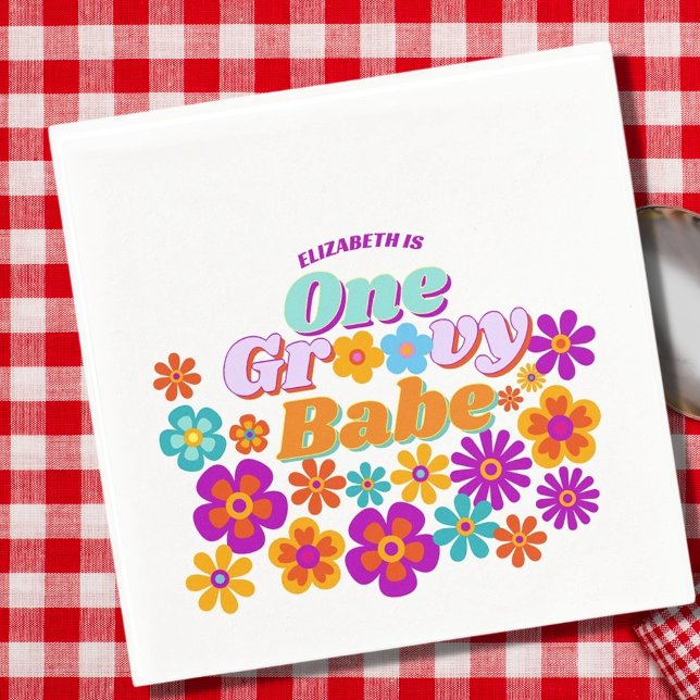 Groovy One Colourful Retro Floral Birthday	 Napkin (Creator Uploaded)