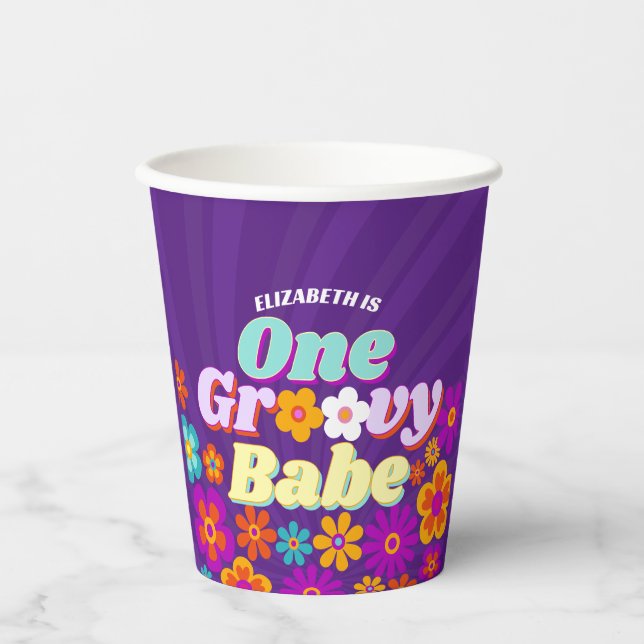 Groovy One Colourful Retro Floral Birthday	 Paper Cups (Front)