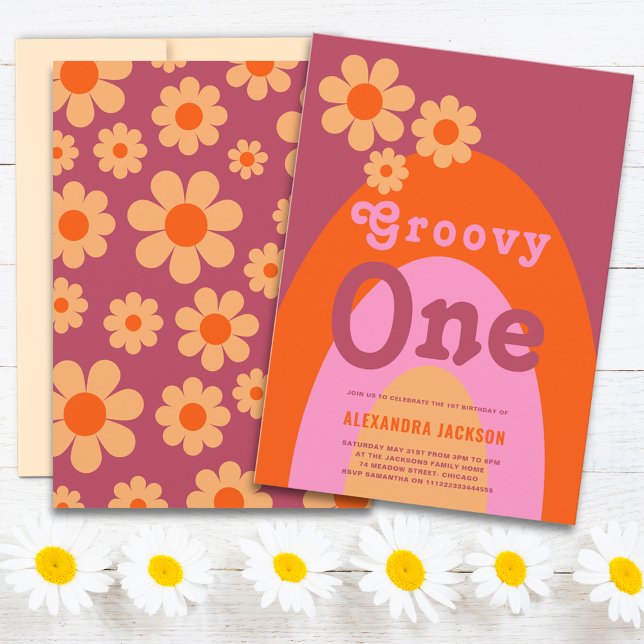 Groovy One Daisy Arch 1st Birthday Party Invitation (Groovy one retro daisy arch 1st birthday party invitation orange pink yellow)