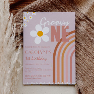 Groovy One Daisy Boho Rainbow First Birthday Invitation