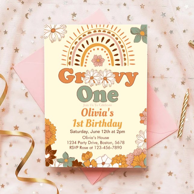 Groovy One Floral Rainbow 1st Birthday Invitation (Creator Uploaded)