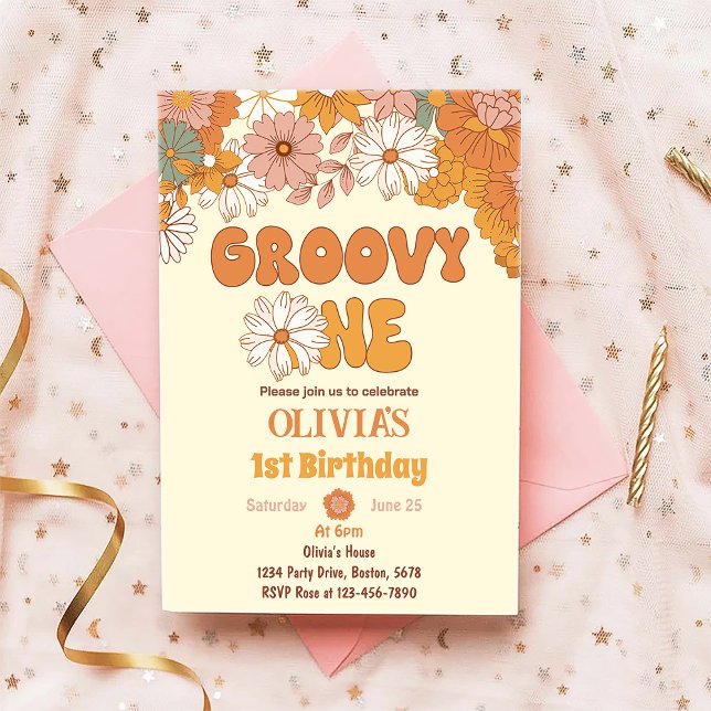Groovy One Floral Retro 1st Birthday Invitation (Creator Uploaded)