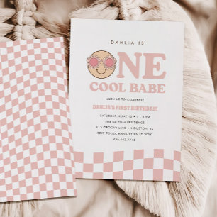 Groovy One Girls Chequered Happy Face   Birthday Invitation