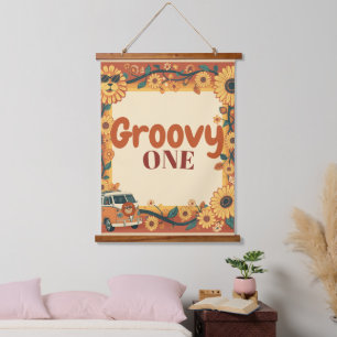 Groovy One Lion Birthday Retro 70s First Birthday Hanging Tapestry