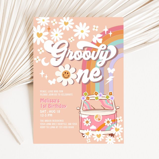 Groovy ONE Pink Daisy Rainbow Hippie 1st Birthday Invitation (Creator Uploaded)